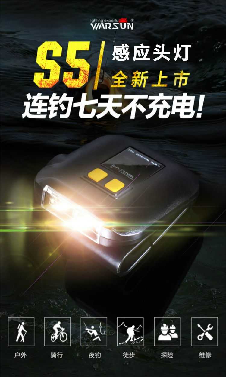 【京东】 warsun 沃尔森 s5 钓鱼感应头灯夜钓可充电强光超亮led夹帽