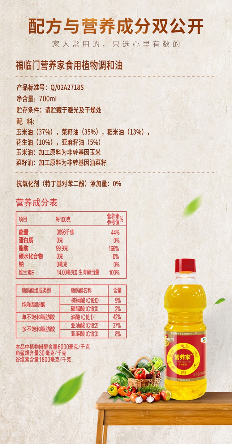 规格参数主体净含量(ml)700产地安徽丰源配料调和油保质期18个月储存